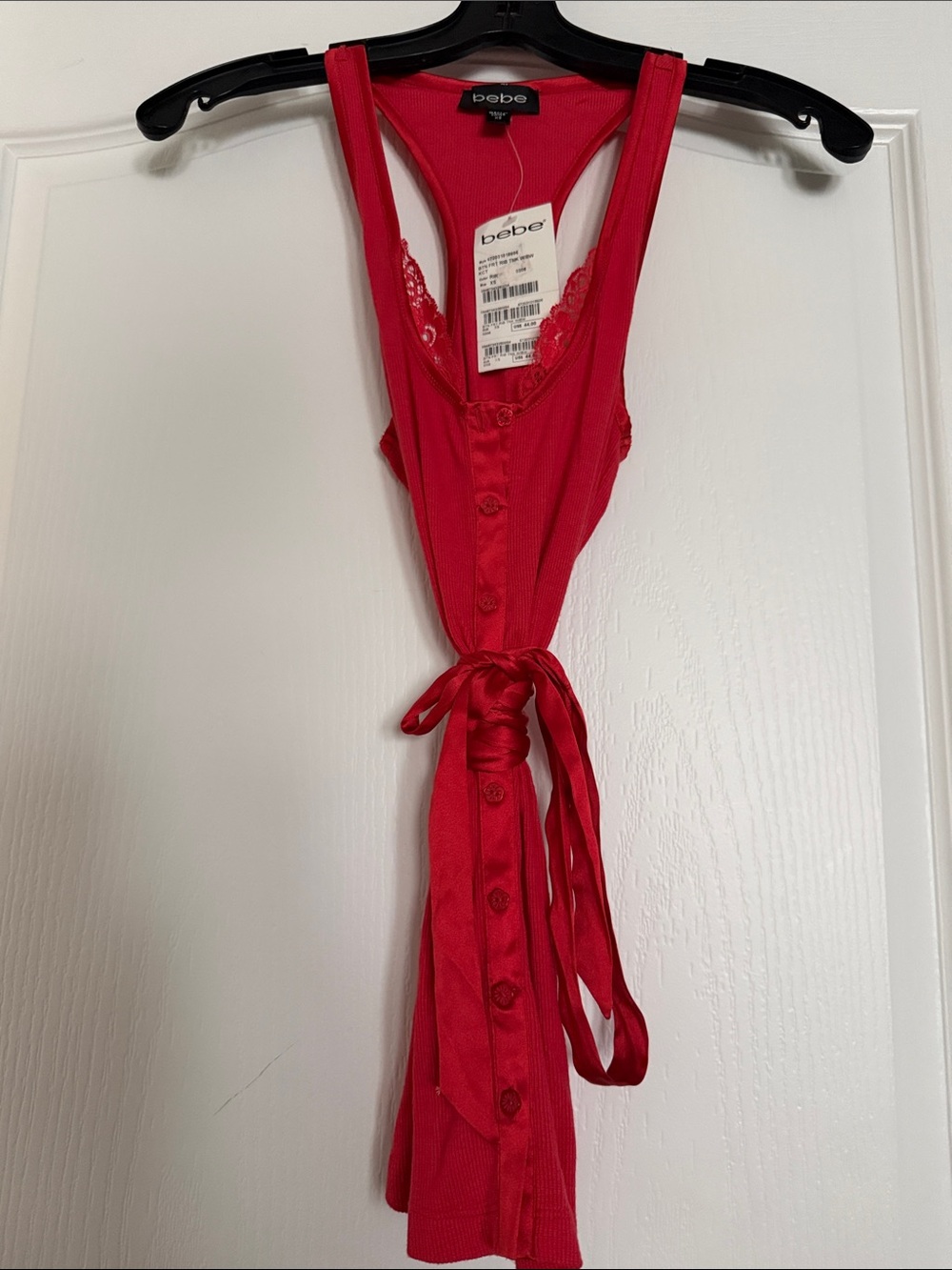 New Bebe Bright Red Ribbed Tie-Front Tank with Lace Trim Sz Xs.